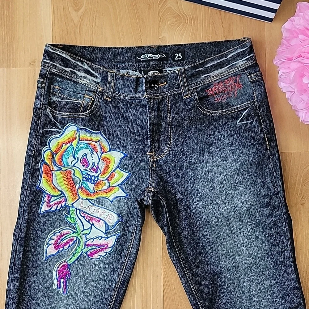 Ed Hardy by Christian Audigier Embroidered Tattoo Raw Hem Jeans - Picture 1 of 12